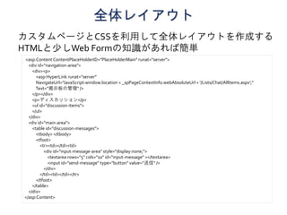 全体レイアウト
<asp:Content ContentPlaceHolderID="PlaceHolderMain" runat="server">
<div id="navigation-area">
<div><p>
<asp:HyperLink runat="server"
NavigateUrl="JavaScript:window.location = _spPageContextInfo.webAbsoluteUrl + '/Lists/Chat/AllItems.aspx';"
Text="掲示板の管理" />
</p></div>
<p>ディスカッション</p>
<ul id="discussion-items">
</ul>
</div>
<div id="main-area">
<table id="discussion-messages">
<tbody> </tbody>
<tfoot>
<tr><td></td><td>
<div id="input-message-area" style="display:none;">
<textarea rows="5" cols="10" id="input-message" ></textarea>
<input id="send-message" type="button" value="送信" />
</div>
</td><td></td></tr>
</tfoot>
</table>
</div>
</asp:Content>
カスタムページとCSSを利用して全体レイアウトを作成する
HTMLと少しWeb Formの知識があれば簡単
 