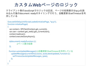 カスタムWebページのロジック
ExecuteOrDelayUntilScriptLoaded(initializePage, "sp.js");
function initializePage()
{
var context = SP.ClientContext.get_current();
var user = context.get_web().get_currentUser();
context.load(user);
context.executeQueryAsync();
$(document).ready(function () {
//ページ表示処理
});
function autoUpdateMessages() { //自動更新はsetTimeoutを利用している
updateMessages(currentDisscussion, autoLatestUpdated, function () {
setTimeout(autoUpdateMessages, 5000);
});
}
}
クライアント側のJavaScriptでロジックは記述。ページの初期表示はsp.jsを読
み込んだ後のdocument readyのタイミングで行う。自動更新はsetTimeoutを利
用している
 