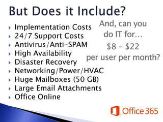  Implementation Costs
 24/7 Support Costs
 Antivirus/Anti-SPAM
 High Availability
 Disaster Recovery
 Networking/Pow...