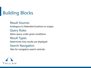 Building Blocks
Result Sources
Analogous to federated locations or scopes
Query Rules
Alters query under given conditions
Result Types
Determines how results are displayed
Search Navigation
Tabs for navigation search verticals
 