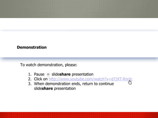 Content Management
 Demonstration



  To watch demonstration, please:

      1. Pause      slideshare presentation
      2. Click on http://www.youtube.com/watch?v=d7JXT-RnrIc
      3. When demonstration ends, return to continue
         slideshare presentation
 