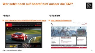 Wer setzt noch auf SharePoint ausser die IOZ?

Ferrari
http://www.ferrari.com/english/Pages/home.aspx

©

SharePoint Community 12.2.2014

Parlament
http://www.parlament.ch

16

 