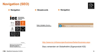 Navigation (SEO)
Navigation

Breadcrumb

Navigation

http://www.ioz.ch/loesungen/business/Seiten/business.aspx
Dazu verwenden wir Globalhotlink (Eigenprodukt IOZ)
©

SharePoint Community 12.2.2014

33

 