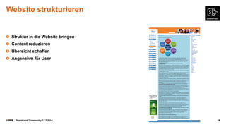 Website strukturieren

Struktur in die Website bringen
Content reduzieren
Übersicht schaffen

Angenehm für User

©

SharePoint Community 12.2.2014

6

 