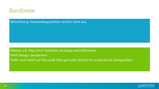 Befürchtung: Netzwerkkapazitäten reichen nicht aus 
http://em1-fasttrack.cloudapp.net/o365nwtest 
40 
Bandbreite 
Messen z.B. http://em1-fasttrack.cloudapp.net/o365nwtest 
WAN Design überdenken 
Traffic wird ASAP auf Microsoft Netz geroutet (Vorteil für ausländische Zweigstellen) 
 