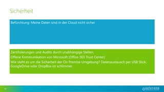 Befürchtung: Meine Daten sind in der Cloud nicht sicher 
http://em1-fasttrack.cloudapp.net/o365nwtest 
41 
Sicherheit 
Zertifizierungen und Audits durch unabhängige Stellen. 
Offene Kommunikation von Microsoft (Office 365 Trust Center) 
Wie steht es um die Sicherheit der On Premise Umgebung? Datenaustausch per USB Stick, 
GoogleDrive oder DropBox ist schlimmer. 
 