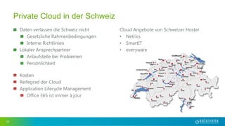 Cloud Angebote von Schweizer Hoster
• Netrics
• SmartIT
• everyware
10
Private Cloud in der Schweiz
Daten verlassen die Schweiz nicht
Gesetzliche Rahmenbedingungen
Interne Richtlinien
Lokaler Ansprechpartner
Anlaufstelle bei Problemen
Persönlichkeit
Kosten
Reifegrad der Cloud
Application Lifecycle Management
Office 365 ist immer à jour
 