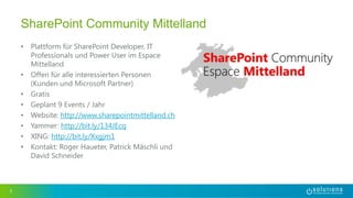 • Plattform für SharePoint Developer, IT
Professionals und Power User im Espace
Mittelland
• Offen für alle interessierten Personen
(Kunden und Microsoft Partner)
• Gratis
• Geplant 9 Events / Jahr
• Website: http://www.sharepointmittelland.ch
• Yammer: http://bit.ly/134JEcq
• XING: http://bit.ly/Xxgjm1
• Kontakt: Roger Haueter, Patrick Mäschli und
David Schneider
3
SharePoint Community Mittelland
 