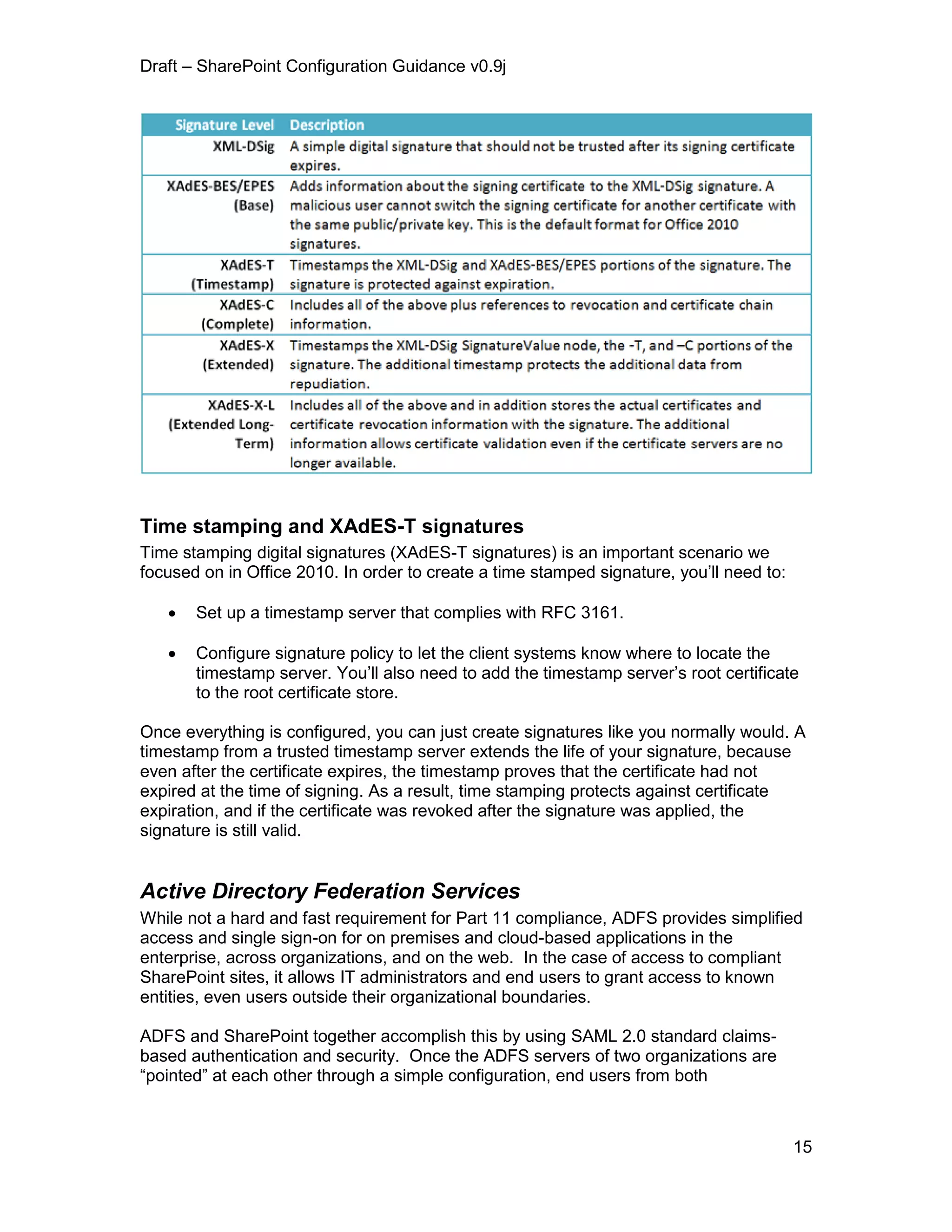 Draft – SharePoint Configuration Guidance v0.9j
15
Time stamping and XAdES-T signatures
Time stamping digital signatures (XAdES-T signatures) is an important scenario we
focused on in Office 2010. In order to create a time stamped signature, you’ll need to:
 Set up a timestamp server that complies with RFC 3161.
 Configure signature policy to let the client systems know where to locate the
timestamp server. You’ll also need to add the timestamp server’s root certificate
to the root certificate store.
Once everything is configured, you can just create signatures like you normally would. A
timestamp from a trusted timestamp server extends the life of your signature, because
even after the certificate expires, the timestamp proves that the certificate had not
expired at the time of signing. As a result, time stamping protects against certificate
expiration, and if the certificate was revoked after the signature was applied, the
signature is still valid.
Active Directory Federation Services
While not a hard and fast requirement for Part 11 compliance, ADFS provides simplified
access and single sign-on for on premises and cloud-based applications in the
enterprise, across organizations, and on the web. In the case of access to compliant
SharePoint sites, it allows IT administrators and end users to grant access to known
entities, even users outside their organizational boundaries.
ADFS and SharePoint together accomplish this by using SAML 2.0 standard claims-
based authentication and security. Once the ADFS servers of two organizations are
“pointed” at each other through a simple configuration, end users from both
 