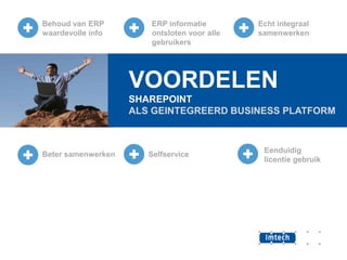Behoud van ERP
waardevolle info

ERP informatie
ontsloten voor alle
gebruikers

Echt integraal
samenwerken

VOORDELEN
SHAREPOINT
ALS GEINTEGREERD BUSINESS PLATFORM

Beter samenwerken

Selfservice

Eenduidig
licentie gebruik

 