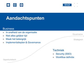 Aandachtspunten
Business





In snelheid van de organisatie
Niet alles gelijker tijd
Maak het belangrijk
Implementatieplan & Governance

Governance
Strategisch

Techniek



Opportunistisch

Security (SSO)
Workflow definitie

 