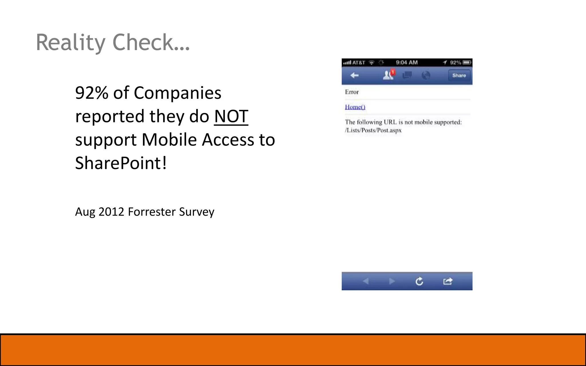 Enterprise Mobile Return on Investment

#1 Employee Responsiveness Faster Decision
Making
#2 Faster Issue Resolution
#3 Increased Productivity
#4 Higher Customer Sat!

| Slide

 