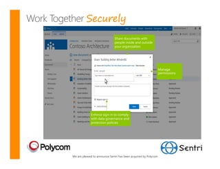 Securely



                                                                 Manage
                                                                 permissions




We are pleased to announce Sentri has been acquired by Polycom
 
