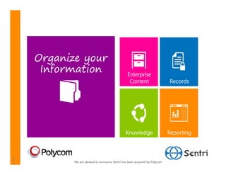 Organize your
 Information




       We are pleased to announce Sentri has been acquired by Polycom
 