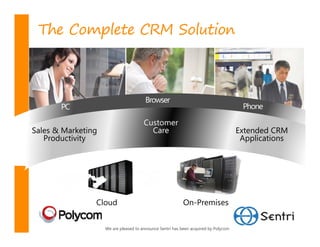 The Complete CRM Solution



                            Browser
  PC                                                                     Phone

                           Customer
                             Care




        We are pleased to announce Sentri has been acquired by Polycom
 