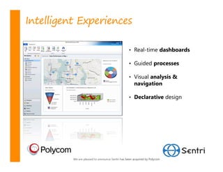 Intelligent Experiences

                                                 • Real-time dashboards

                                                 • Guided processes

                                                 • Visual analysis &
                                                     navigation

                                                 • Declarative design




          We are pleased to announce Sentri has been acquired by Polycom
 