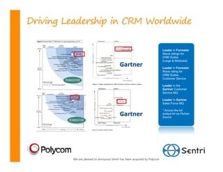 Driving Leadership in CRM Worldwide


                                                                          Leader in Forrester
                                                                          Wave ratings for
                                                                          CRM Suites
                                                                          (Large & Midsized)

                                                                          Leader in Forrester
                                                                          Wave rating for
                                                                          CRM Suites,
                                                                          Customer Service

                                                                          Leader in the
                                                                          Gartner Customer
                                                                          Service MQ

                                                                          Leader in Gartner
                                                                          Sales Force MQ

                                                                          * Access the full
                                                                          analyst kit via Partner
                                                                          Source




         We are pleased to announce Sentri has been acquired by Polycom
 