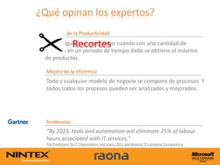 Aumento de la Productividad

                 Recortes
Algo o alguien es productivo cuando con una cantidad de
recursos en un periodo de tiempo dado se obtiene el máximo
de productos.

Mejora de la eficiencia
Todo y cualquier modelo de negocio se compone de procesos. Y
todos todos los procesos pueden ser analizados y mejorados




Tendencias
“By 2015, tools and automation will eliminate 25% of labour
hours associated with IT services,”
Top Predictions for IT Organizations and Users, 2011 and Beyond: IT’s Growing Transparency.
 
