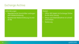 Anforderungen 
• Regulatorische Vorschriften verlangen 
eine Mailarchivlösung 
• Bestehende Mailarchivlösung ist end-of- 
life 
20 
Exchange Archive 
Nutzen 
• Office 365 bietet mit Exchange Online 
Archiv eine Lösung 
• Setup und Inbetriebnahme ist schnell 
und einfach 
• Skalierung 
 