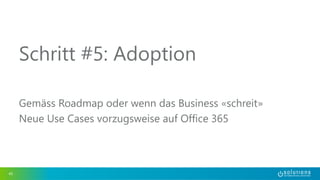 Schritt #5: Adoption 
Gemäss Roadmap oder wenn das Business «schreit» 
Neue Use Cases vorzugsweise auf Office 365 
45 
 