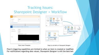 Tracking Issues:
Sharepoint Designer + Workflow
Flow’s Alert Template Steps to set Alerts in Sharepoint Designer
Flow’s tr...
