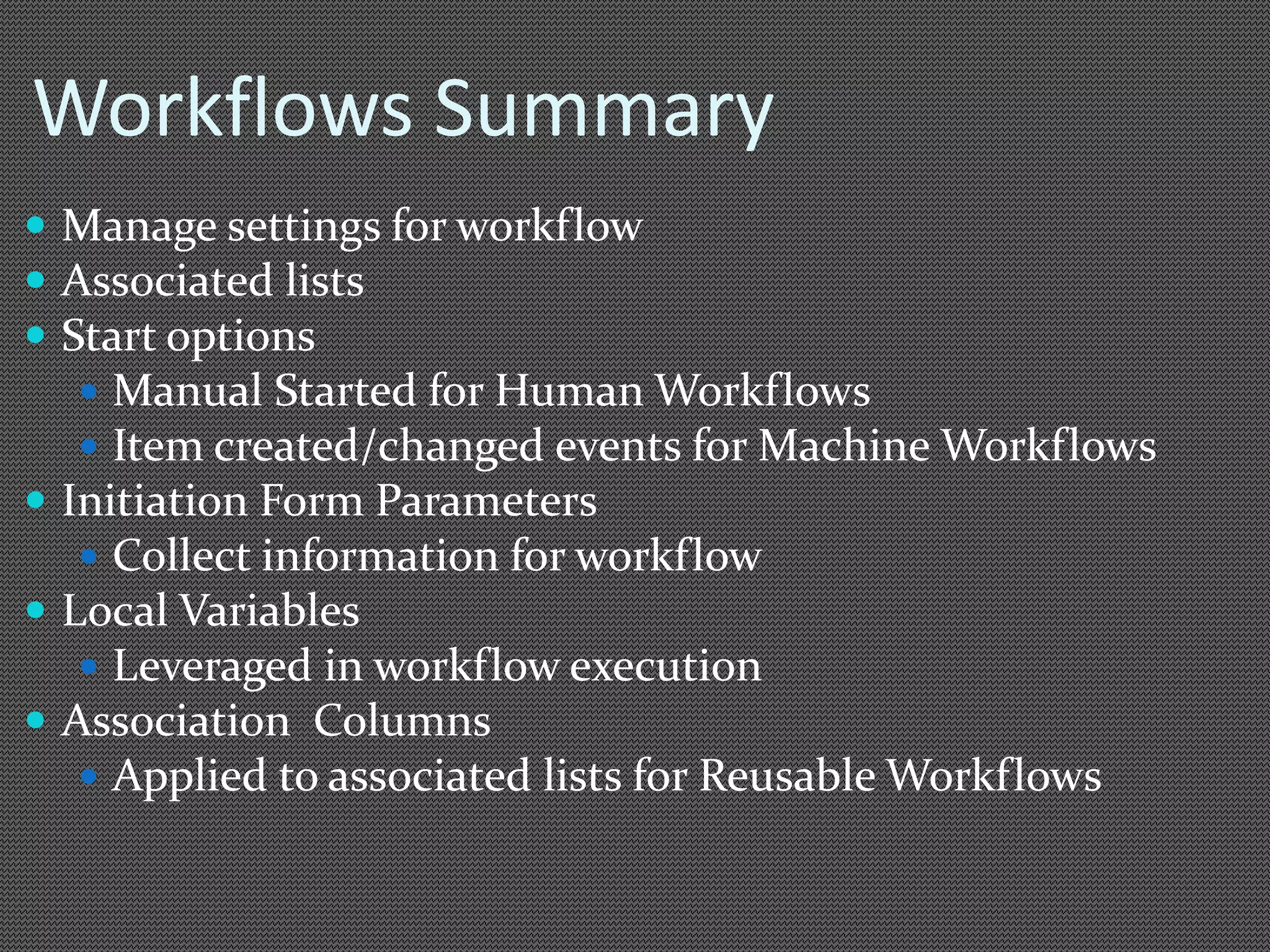 Workflows Summary 
 Manage settings for workflow 
 
 
 
 
 
 
 
 
 
 
 