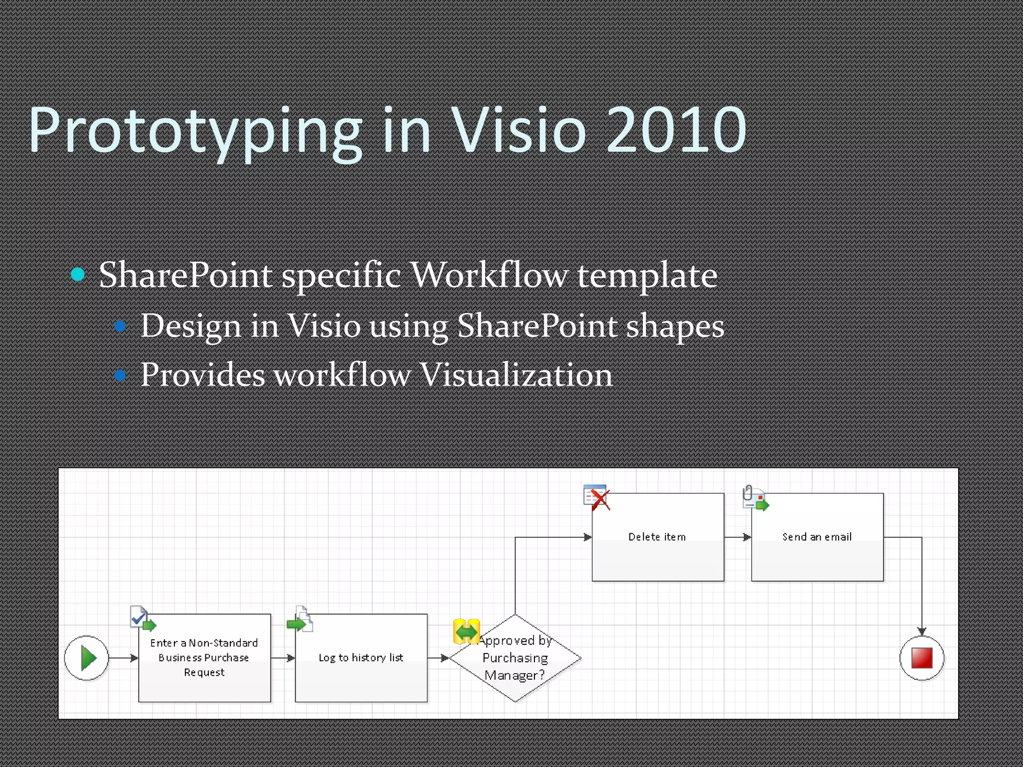 Prototyping in Visio 2010 
 SharePoint specific Workflow template 
 Design in Visio using SharePoint shapes 
 Provides workflow Visualization 
 