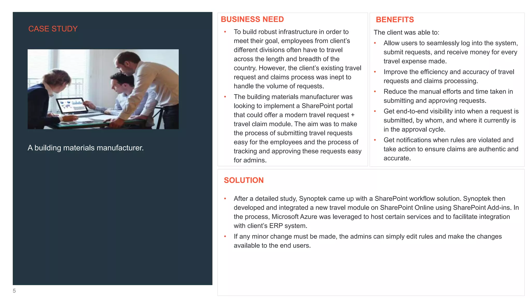 CASE STUDY
5
A building materials manufacturer.
The client was able to:
• Allow users to seamlessly log into the system,
submit requests, and receive money for every
travel expense made.
• Improve the efficiency and accuracy of travel
requests and claims processing.
• Reduce the manual efforts and time taken in
submitting and approving requests.
• Get end-to-end visibility into when a request is
submitted, by whom, and where it currently is
in the approval cycle.
• Get notifications when rules are violated and
take action to ensure claims are authentic and
accurate.
• After a detailed study, Synoptek came up with a SharePoint workflow solution. Synoptek then
developed and integrated a new travel module on SharePoint Online using SharePoint Add-ins. In
the process, Microsoft Azure was leveraged to host certain services and to facilitate integration
with client’s ERP system.
• If any minor change must be made, the admins can simply edit rules and make the changes
available to the end users.
BENEFITS
SOLUTION
• To build robust infrastructure in order to
meet their goal, employees from client’s
different divisions often have to travel
across the length and breadth of the
country. However, the client’s existing travel
request and claims process was inept to
handle the volume of requests.
• The building materials manufacturer was
looking to implement a SharePoint portal
that could offer a modern travel request +
travel claim module. The aim was to make
the process of submitting travel requests
easy for the employees and the process of
tracking and approving these requests easy
for admins.
BUSINESS NEED
 