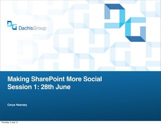 Making SharePoint More Social
       Session 1: 28th June

       Cerys Hearsey




Thursday, 5 July 12
 