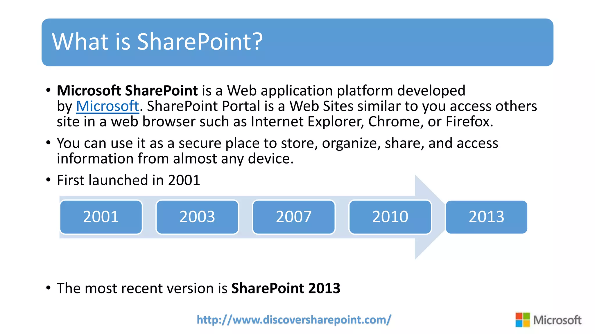 http://www.discoversharepoint.com/
What is SharePoint?
• Microsoft SharePoint is a Web application platform developed
by Microsoft. SharePoint Portal is a Web Sites similar to you access others
site in a web browser such as Internet Explorer, Chrome, or Firefox.
• You can use it as a secure place to store, organize, share, and access
information from almost any device.
• First launched in 2001
• The most recent version is SharePoint 2013
2001 2003 2007 2010 2013
 