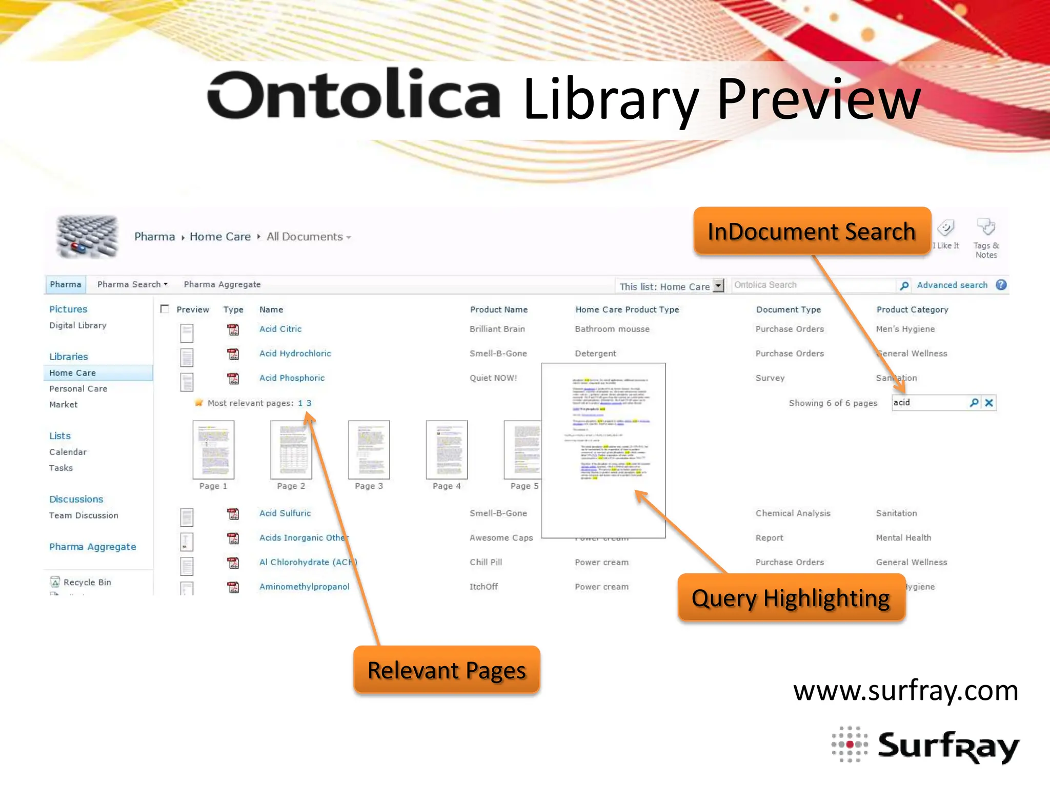 Library Preview
                    InDocument Search




                   Query Highlighting

Relevant Pages
                            www.surfray.com
 