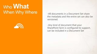 -All documents in a Document Set share
the metadata and the entire set can also be
versioned.

-Any kind of document that your
SharePoint farm is configured to support,
can be included in a Document Set
 