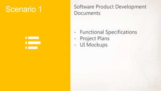 Software Product Development
Scenario 1   Documents


             - Functional Specifications
             - Project Plans
             - UI Mockups
 