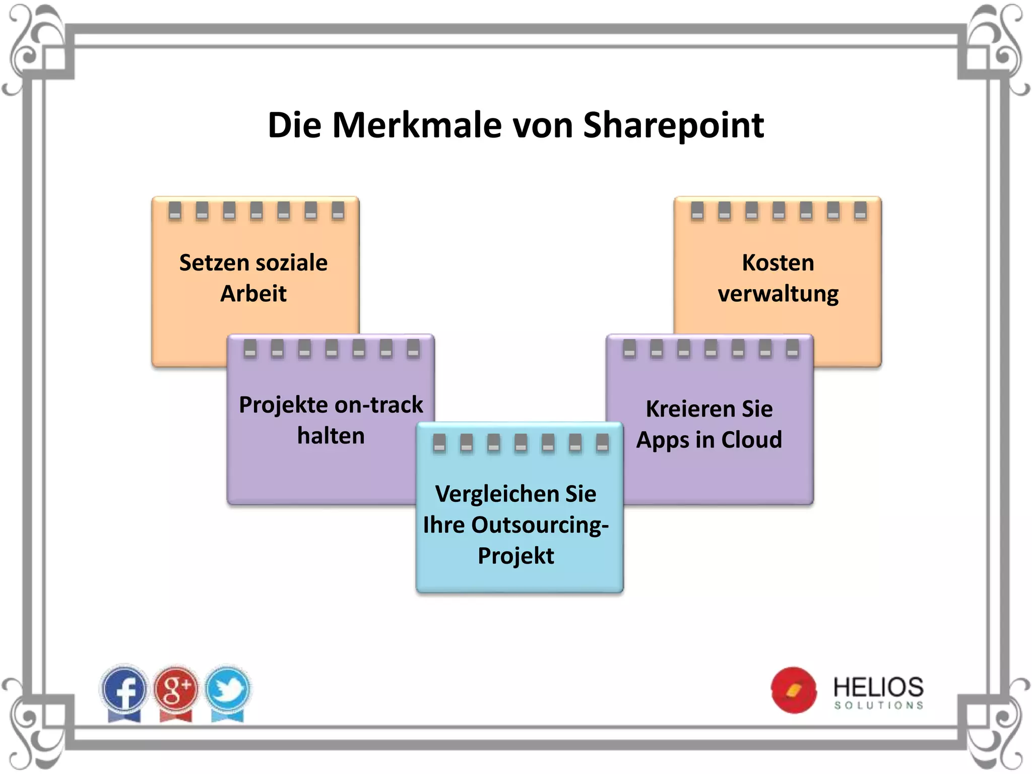 Setzen soziale
Arbeit
Projekte on-track
halten
Kreieren Sie
Apps in Cloud
Kosten
verwaltung
Vergleichen Sie
Ihre Outsourcing-
Projekt
Die Merkmale von Sharepoint
 