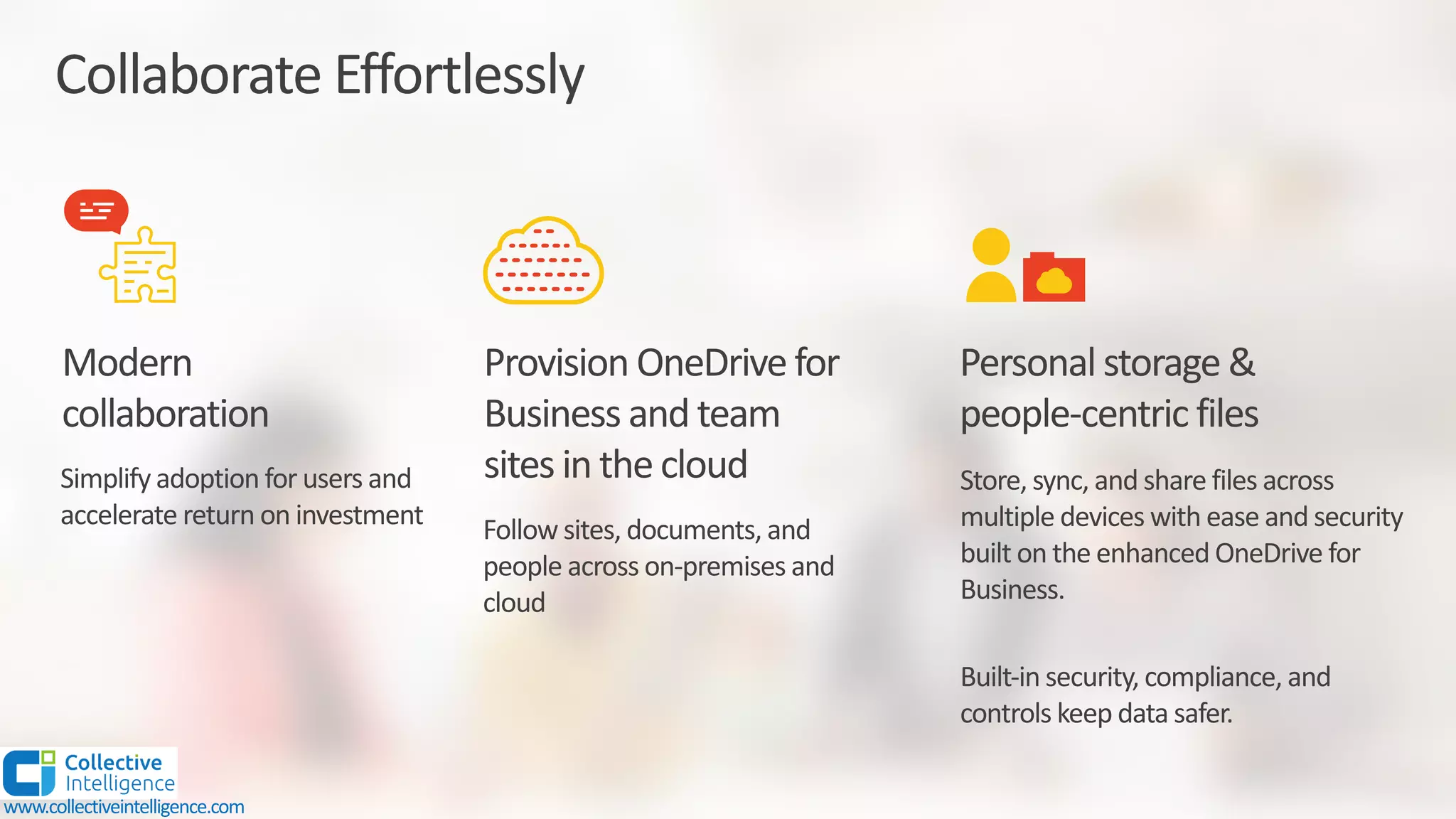 Collaborate Effortlessly
Modern
collaboration
Simplify adoption for users and
accelerate return on investment
Provision OneDrive for
Business and team
sites in the cloud
Follow sites, documents, and
people across on-premises and
cloud
Personal storage &
people-centric files
Store, sync, and share files across
multiple devices with ease and security
built on the enhanced OneDrive for
Business.
Built-in security, compliance, and
controls keep data safer.
www.collectiveintelligence.com
 
