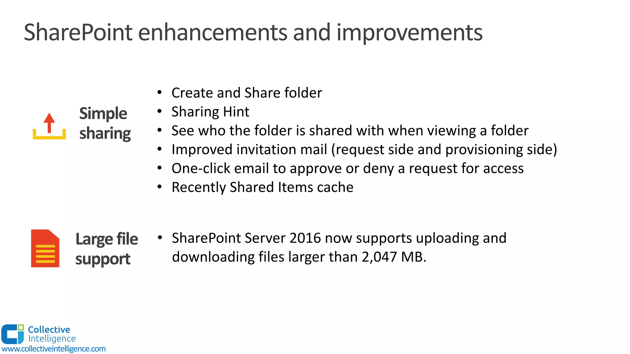 SharePoint enhancements and improvements
Large file
support
Simple
sharing
• Create and Share folder
• Sharing Hint
• See who the folder is shared with when viewing a folder
• Improved invitation mail (request side and provisioning side)
• One-click email to approve or deny a request for access
• Recently Shared Items cache
• SharePoint Server 2016 now supports uploading and
downloading files larger than 2,047 MB.
www.collectiveintelligence.com
 