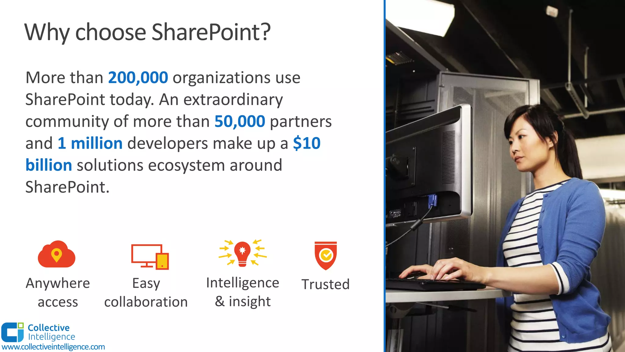 More than 200,000 organizations use
SharePoint today. An extraordinary
community of more than 50,000 partners
and 1 million developers make up a $10
billion solutions ecosystem around
SharePoint.
Why choose SharePoint?
Anywhere
access
Easy
collaboration
Intelligence
& insight
Trusted
www.collectiveintelligence.com
 