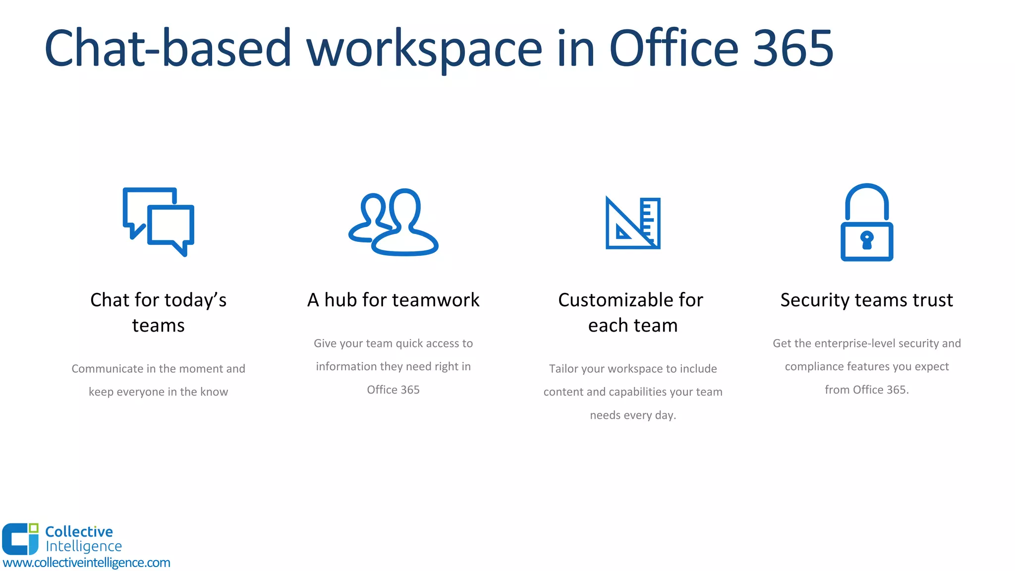Chat for today’s
teams
Communicate in the moment and
keep everyone in the know
Customizable for
each team
Tailor your workspace to include
content and capabilities your team
needs every day.
A hub for teamwork
Give your team quick access to
information they need right in
Office 365
Security teams trust
Get the enterprise-level security and
compliance features you expect
from Office 365.
www.collectiveintelligence.com
 