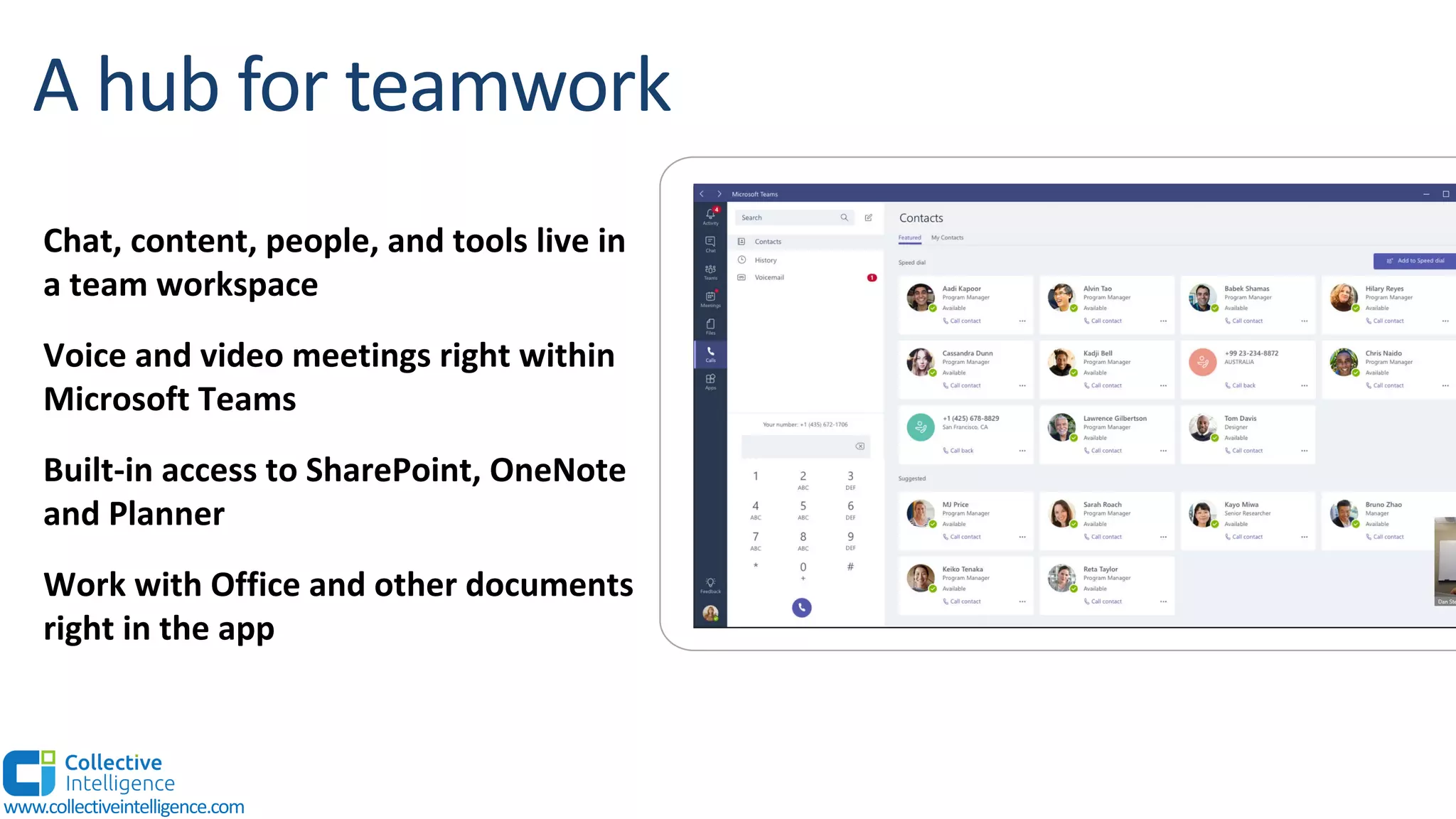 Chat, content, people, and tools live in
a team workspace
Voice and video meetings right within
Microsoft Teams
Built-in access to SharePoint, OneNote
and Planner
Work with Office and other documents
right in the app
www.collectiveintelligence.com
 