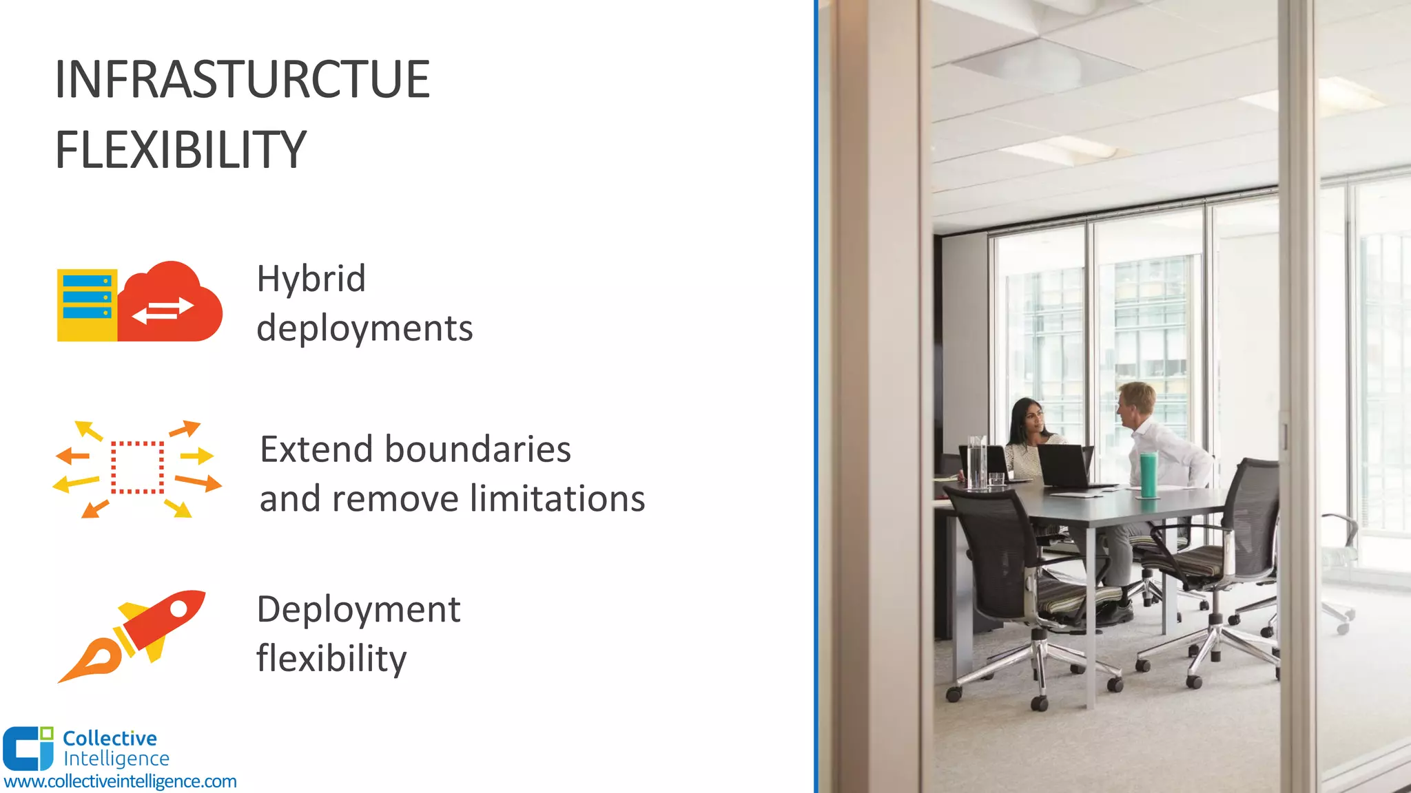 Deployment
flexibility
Extend boundaries
and remove limitations
Hybrid
deployments
INFRASTURCTUE
FLEXIBILITY
www.collectiveintelligence.com
 
