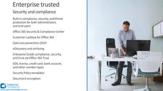 Enterprise trusted
Built-in compliance, security, and threat
protection for both administrators
and end users
Office 365 Security & Compliance Center
Customer Lockbox for Office 365
Data Loss prevention (DLP)
eDiscovery and archiving
Enterprise Grade compliance, security,
and trust via Office 365 Trust
SSN, license, credit card, bank account,
and other number types
Security Policy templates
Document encryption
Security and compliance
www.collectiveintelligence.com
 