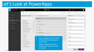 Let’s Look at PowerApps
• Form designer allows binding
of fields and field groups to
entity fields
• Define reusable forms for
Entities and use them in all
your apps
 