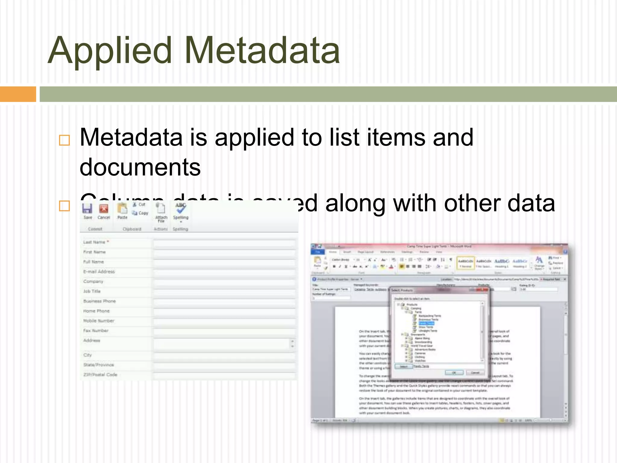 Applied Metadata

   Metadata is applied to list items and
    documents
   Column data is saved along with other data
 