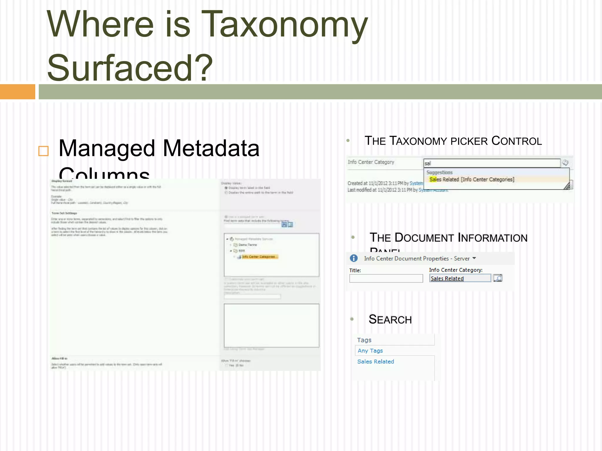 Where is Taxonomy
Surfaced?
                       •       THE TAXONOMY PICKER CONTROL
   Managed Metadata
    Columns

                           •   THE DOCUMENT INFORMATION
                               PANEL




                       •       SEARCH
 