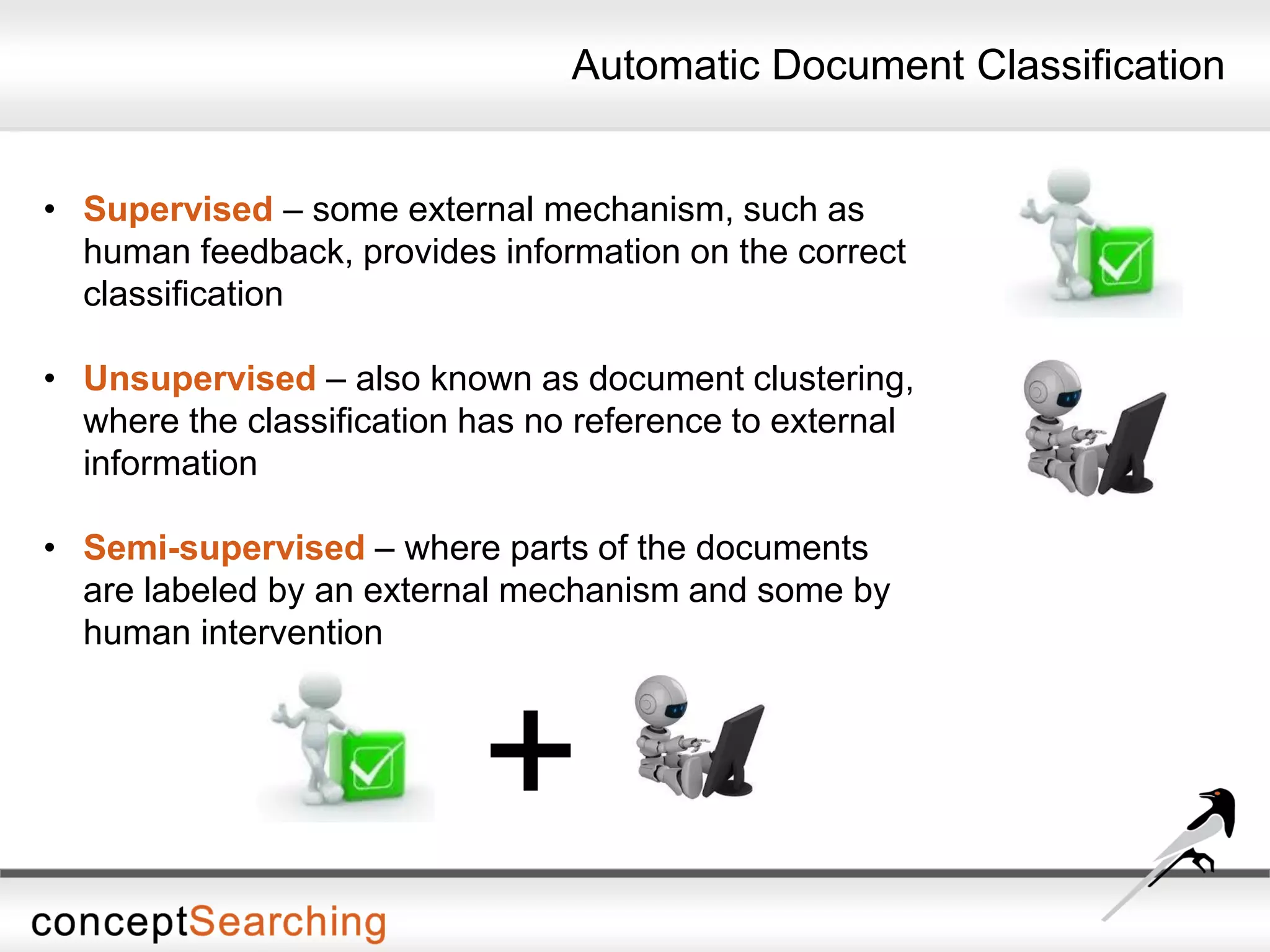 • Supervised – some external mechanism, such as
human feedback, provides information on the correct
classification
• Unsupervised – also known as document clustering,
where the classification has no reference to external
information
• Semi-supervised – where parts of the documents
are labeled by an external mechanism and some by
human intervention
Automatic Document Classification
+
 