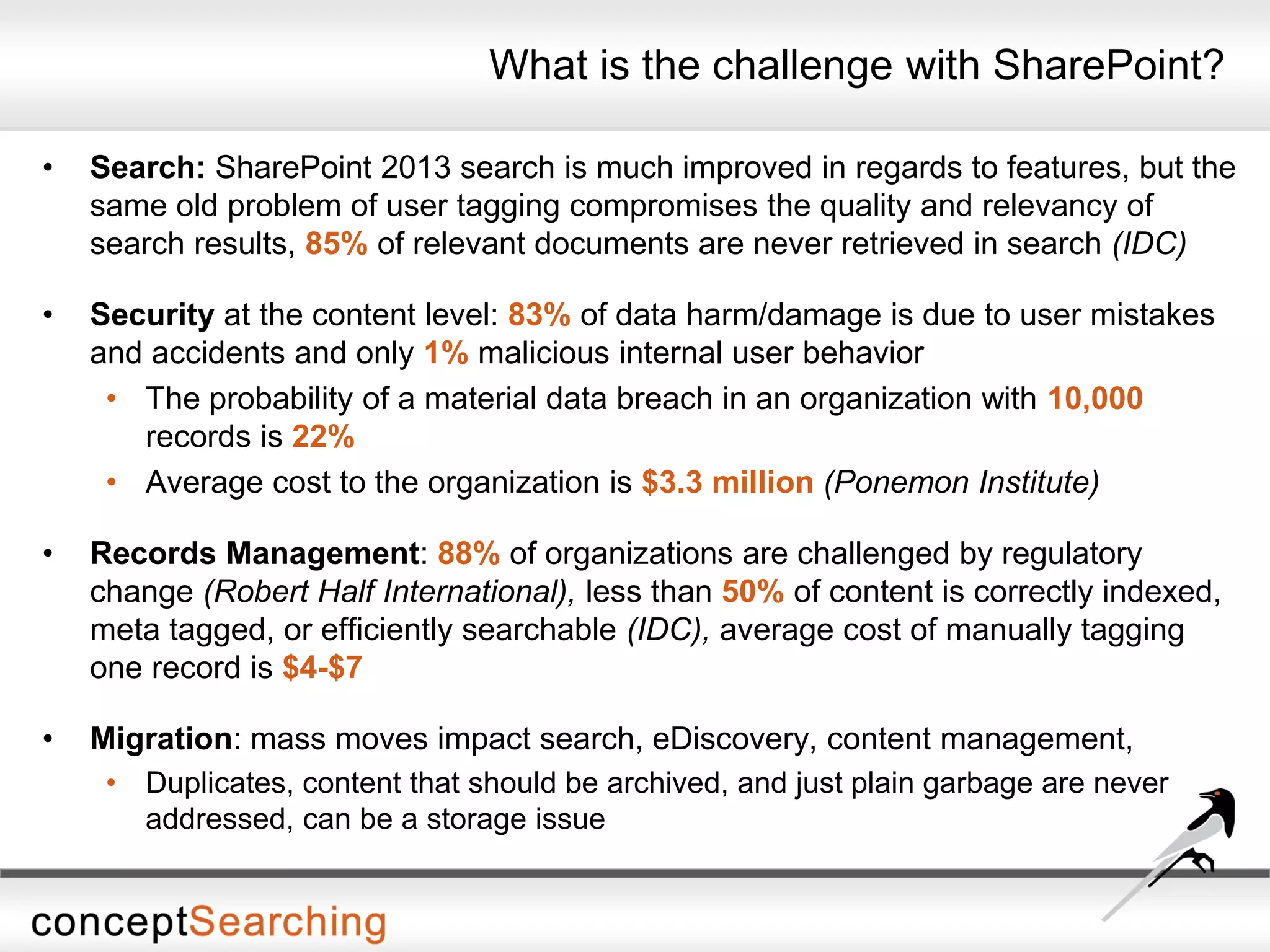 What is the challenge with SharePoint?
• Search: SharePoint 2013 search is much improved in regards to features, but the
same old problem of user tagging compromises the quality and relevancy of
search results, 85% of relevant documents are never retrieved in search (IDC)
• Security at the content level: 83% of data harm/damage is due to user mistakes
and accidents and only 1% malicious internal user behavior
• The probability of a material data breach in an organization with 10,000
records is 22%
• Average cost to the organization is $3.3 million (Ponemon Institute)
• Records Management: 88% of organizations are challenged by regulatory
change (Robert Half International), less than 50% of content is correctly indexed,
meta tagged, or efficiently searchable (IDC), average cost of manually tagging
one record is $4-$7
• Migration: mass moves impact search, eDiscovery, content management,
• Duplicates, content that should be archived, and just plain garbage are never
addressed, can be a storage issue
 