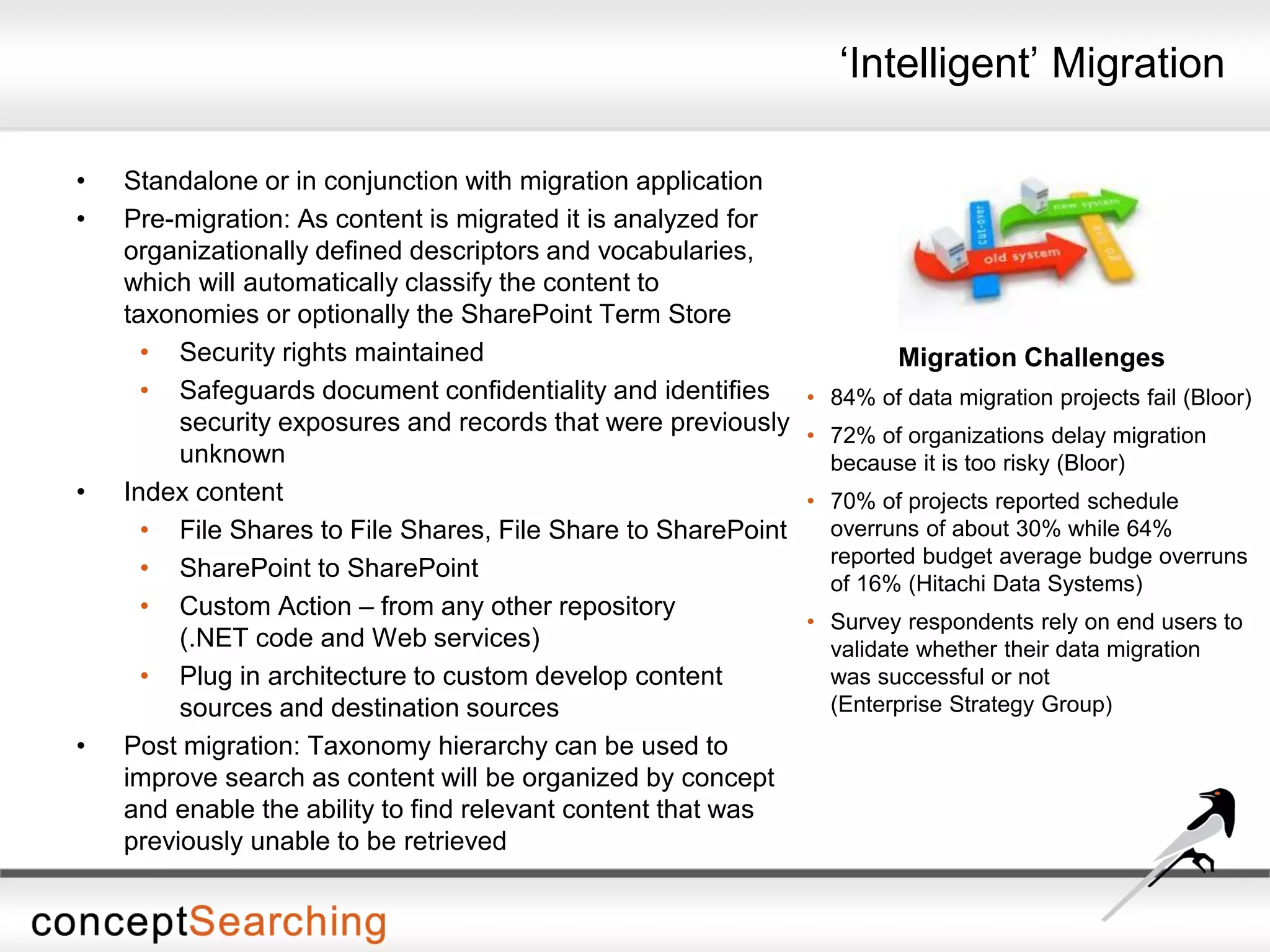 ‘Intelligent’ Migration
• Standalone or in conjunction with migration application
• Pre-migration: As content is migrated it is analyzed for
organizationally defined descriptors and vocabularies,
which will automatically classify the content to
taxonomies or optionally the SharePoint Term Store
• Security rights maintained
• Safeguards document confidentiality and identifies
security exposures and records that were previously
unknown
• Index content
• File Shares to File Shares, File Share to SharePoint
• SharePoint to SharePoint
• Custom Action – from any other repository
(.NET code and Web services)
• Plug in architecture to custom develop content
sources and destination sources
• Post migration: Taxonomy hierarchy can be used to
improve search as content will be organized by concept
and enable the ability to find relevant content that was
previously unable to be retrieved
Migration Challenges
• 84% of data migration projects fail (Bloor)
• 72% of organizations delay migration
because it is too risky (Bloor)
• 70% of projects reported schedule
overruns of about 30% while 64%
reported budget average budge overruns
of 16% (Hitachi Data Systems)
• Survey respondents rely on end users to
validate whether their data migration
was successful or not
(Enterprise Strategy Group)
 