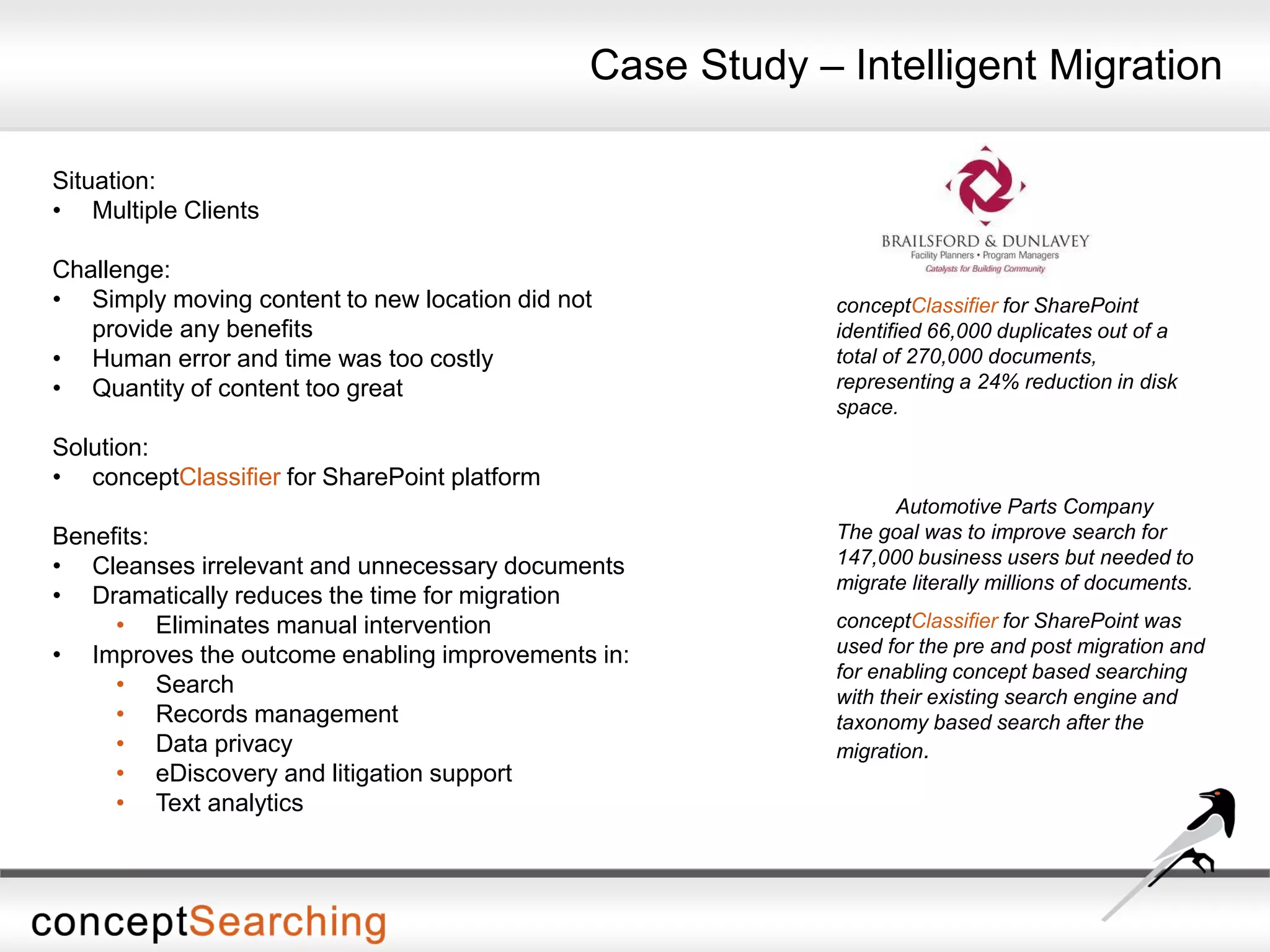Situation:
• Multiple Clients
Challenge:
• Simply moving content to new location did not
provide any benefits
• Human error and time was too costly
• Quantity of content too great
Solution:
• conceptClassifier for SharePoint platform
Benefits:
• Cleanses irrelevant and unnecessary documents
• Dramatically reduces the time for migration
• Eliminates manual intervention
• Improves the outcome enabling improvements in:
• Search
• Records management
• Data privacy
• eDiscovery and litigation support
• Text analytics
Case Study – Intelligent Migration
Automotive Parts Company
The goal was to improve search for
147,000 business users but needed to
migrate literally millions of documents.
conceptClassifier for SharePoint was
used for the pre and post migration and
for enabling concept based searching
with their existing search engine and
taxonomy based search after the
migration.
conceptClassifier for SharePoint
identified 66,000 duplicates out of a
total of 270,000 documents,
representing a 24% reduction in disk
space.
 