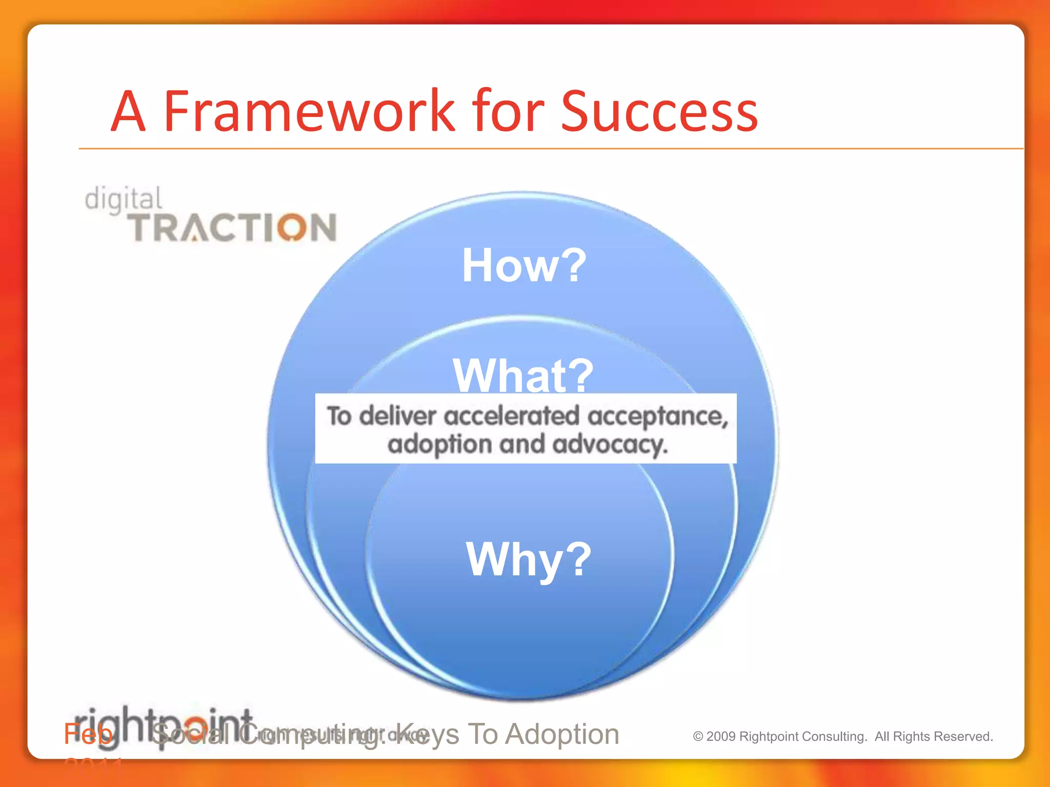   A Framework for SuccessHow?What?Why?Feb 2011Social Computing: Keys To Adoption