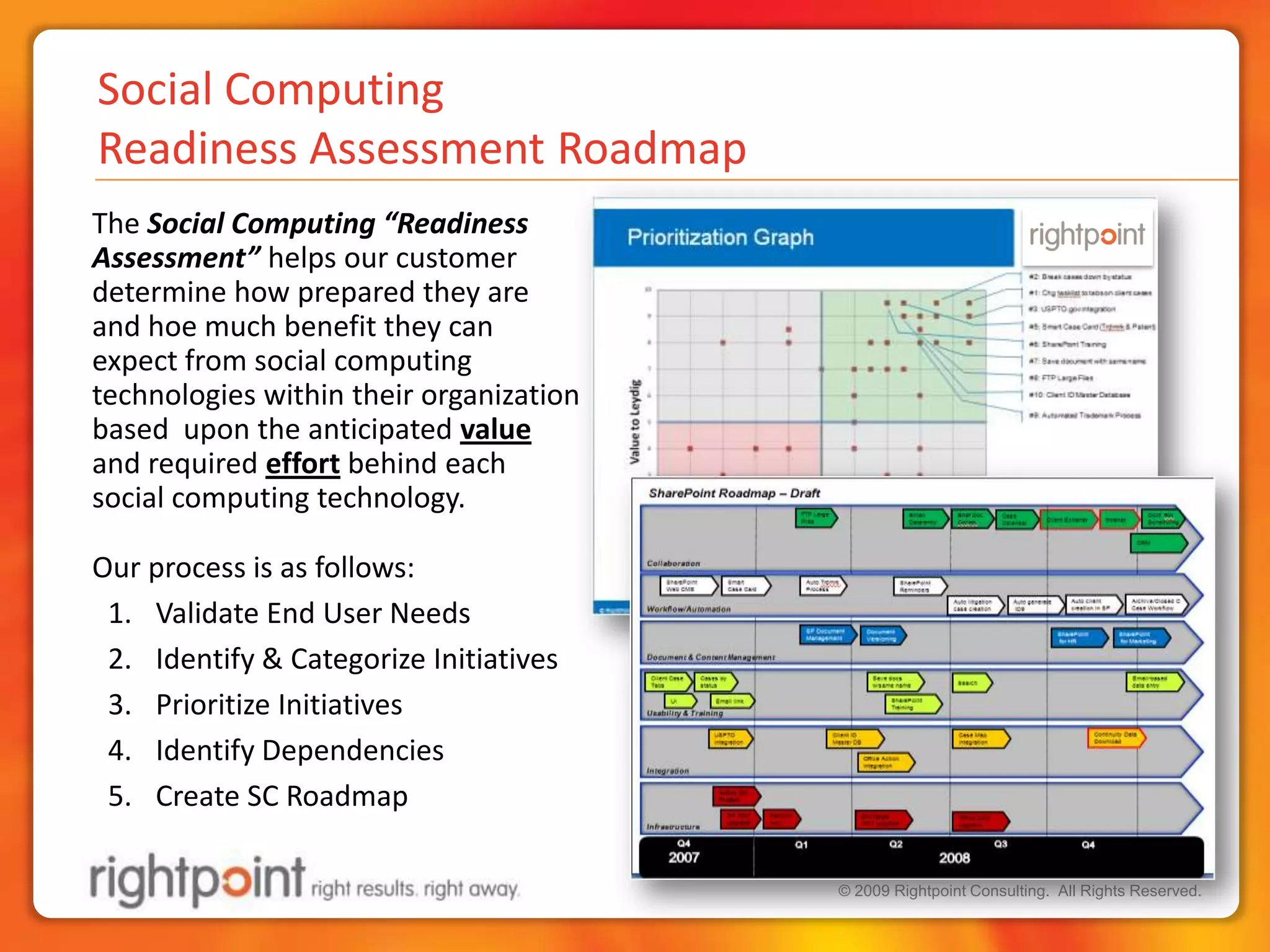 Social ComputingReadiness Assessment Roadmap	The Social Computing “Readiness Assessment” helps our customer determine how prepared they are and hoe much benefit they can expect from social computing technologies within their organization  based  upon the anticipated value and required effort behind each social computing technology.   	Our process is as follows:Validate End User NeedsIdentify & Categorize InitiativesPrioritize InitiativesIdentify DependenciesCreate SC Roadmap